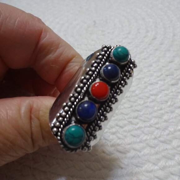 Unique TURQUOISE, LAPIS & RED CORAL Handmade Sterling 925 Ring Size 11 #845C - Picture 3 of 4